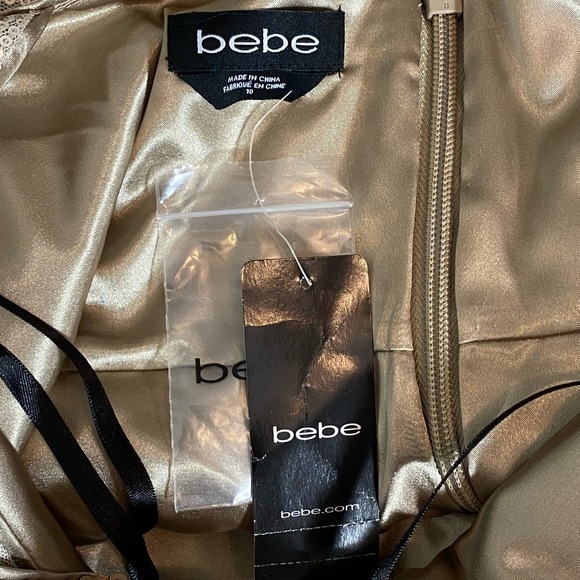 Bebe Sequined Deep V-Neck Fit and Flare Mini Dress Womens 10 Gold NWT - Picture 6 of 8